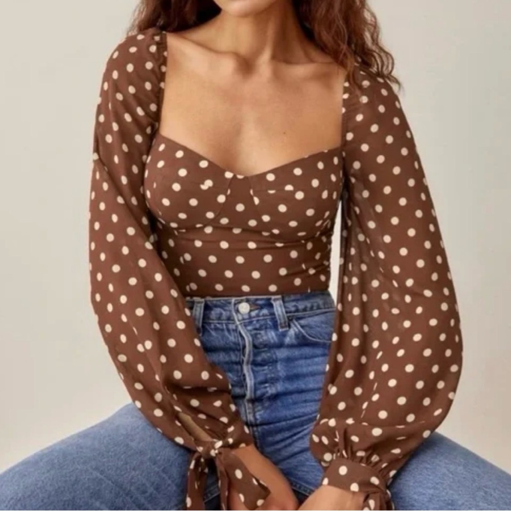 Reformation Sawtelle Polka Dot Puff Sleeve Blouse Au Lait Brown White Size 4